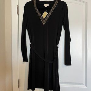 NWT Michael Kors V-Neck Black Dress with Gold Stud Details and Belt
